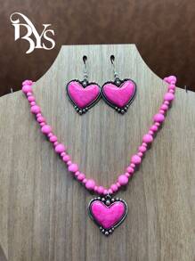 Boho Style Heart Beaded Necklace And Matching Heart Shaped Earrings, Vintage Fashion Jewelry Set For Women, Girls, Daily Outfit, Party Accessories, Jewelry, Gift For Family/Friends/Yourself