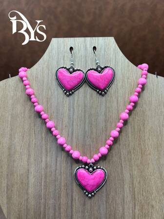 Boho Style Heart Beaded Necklace And Matching Heart Shaped Earrings, Vintage Fashion Jewelry Set For Women, Girls, Daily Outfit, Party Accessories, Jewelry, Gift For Family/Friends/Yourself