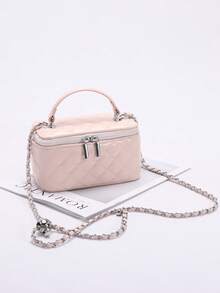 1 件时尚 PU 钻石图案绗缝拉链小方形手提包，女士百搭单肩斜挎包 - 粉色 - 查看 5