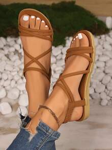 Sandal Flat Liburan Musim Panas Wanita Terbaru, Elegan & Nyaman, Motif Garis-garis, Cokelat, Ukuran Besar, Gaya Boho - Coklat - View 7