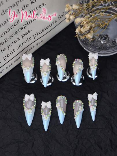 Upgrade Your Look With 10pcs Stiletto Shape Classic French Tips White Blue Nails Japanese Style Full Coverage Fake Nail Set Creative 3d Three-Dimensional Decoration Rhinestone Decor Heart Shape With White Bow-Knot Flower Cottagecore Full Cover Press On Nails Kit For Women And Girls With 1pc Mini Nail File & 1 Sheet Adhesive Tabs