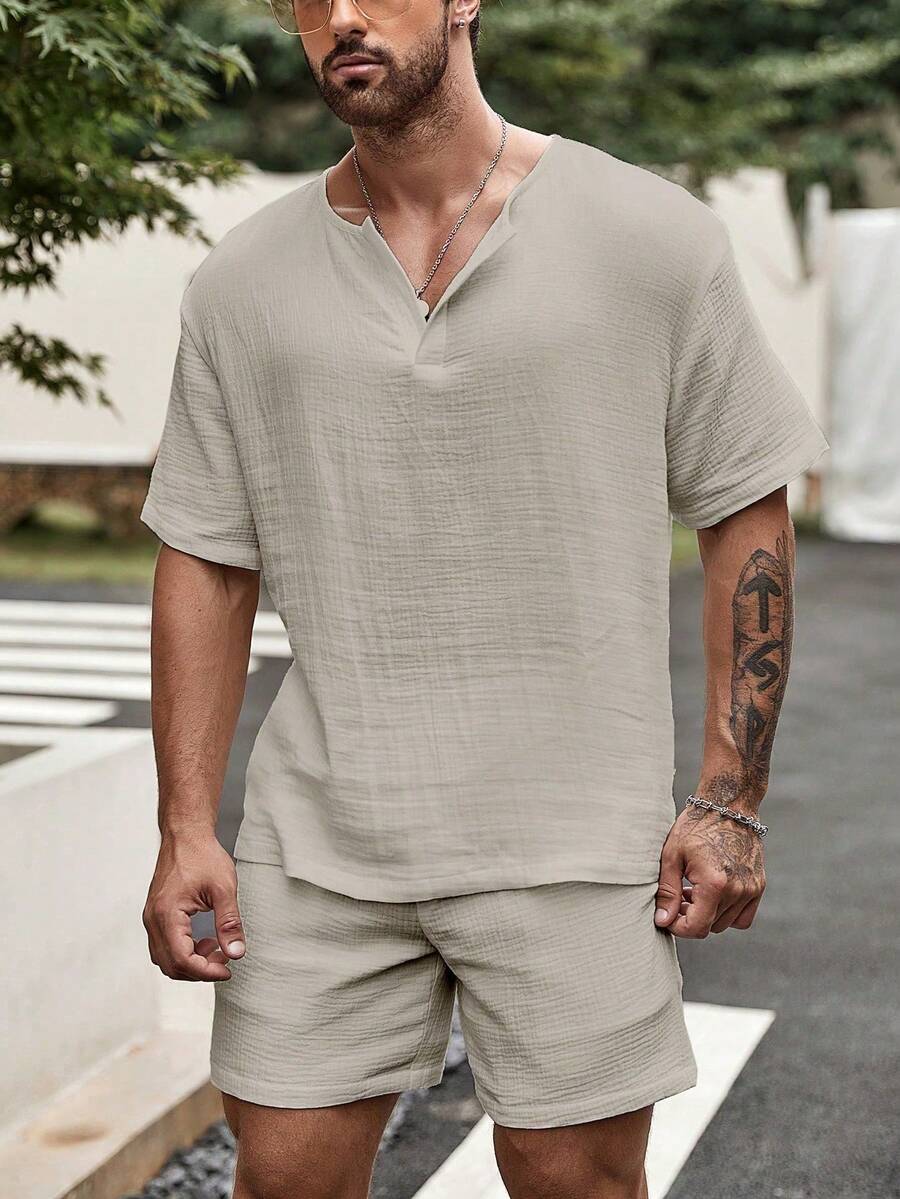 Men's Lightweight Summer Beach Set,Ideal For Resort Wear,Casual Beachwear,Short Sleeve Shirt,Comfortable Wear - 查看 1