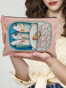 Retro Sardines Cosmetic Pouch,Olive Oil And Lemon Design, Unisex Adult Polyester Mini Makeup Bag, Hypoallergenic Zippered Toiletry Case, Pink Zippered Cosmetic Bag, Multifunctional Snack, Stationery Or Gift, Tin Fish Print Accessory Clutch, Cosmetic Pouch For Girls Women, Makeup Bag, Toiletry Bag For Travel, School, And Commuting,Unisex Adult Portable Storage Bag