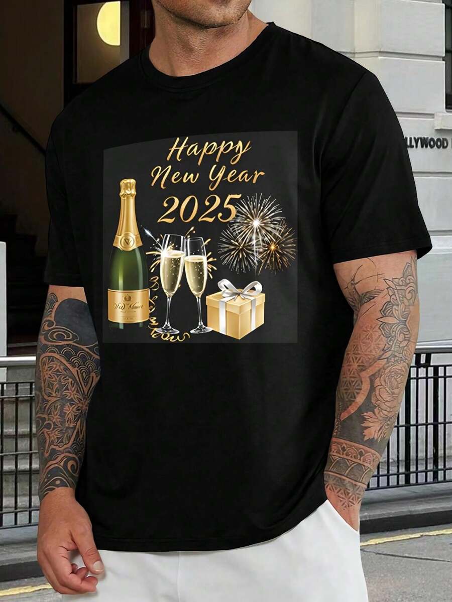 Camiseta de Feliz Año Nuevo - Camiseta gráfica festiva con fuegos artificiales y champán - ¡Celebra el Año Nuevo con estilo! Atuendo de fiesta único para hombres, mujeres y jóvenes - Negro - Ver 1