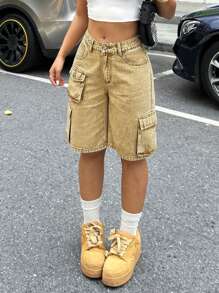 Shorts in denim lavato a vita alta, casual, a gamba larga, da donna