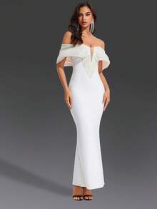DEIVE TEGER Gaun Wanita Putih Model Bandage, Desain Bahu Terbuka dengan Manik-Manik Kontras Warna, Gaun Malam Formal Bodycon, Cocok untuk Pesta, Tamu Pernikahan, Wisuda, Perjamuan - Putih - View 6