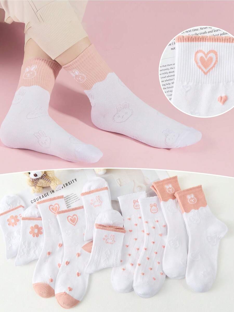 10 Pares De Calcetines Tobilleros Para Dama, Tines Juveniles Color Combinado y Diseño Cute Animado. - Multicolor - Ver 1