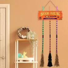 Halloween Witch Broom Decorations, Light Up Broom Parking Sign With 3 Wooden Witch Broomstick For Front Porch Wall Decor - Orange - View 4