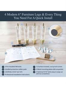 Acrylic Furniture Legs With Gold Caps - Mid Century Legs For Couch, Sofa, Chair, Table, Dresser, Bed, Cabinet - Furniture Feet Are Easy To Install & Include Installation Hardware - Set Of 4, 6 Inches - 6 Inches - View 9