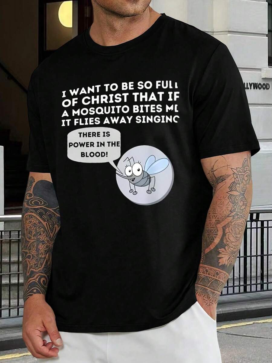 Camiseta cristiana divertida | Quiero estar tan lleno de Cristo - Camiseta gráfica de picadura de mosquito | Poder religioso en la sangre | Cuello redondo informal de manga corta para la iglesia, estudio bíblico, uso diario - Negro, tallas para jóvenes - Negro - Ver 1