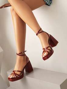 Reitoye Summer Women's Platform Strappy Heels Sandals Prom Square Toe Chunky Heel Ankle Strap Gold Heels Wedding Shoes - Đỏ Burgundy - Xem 4