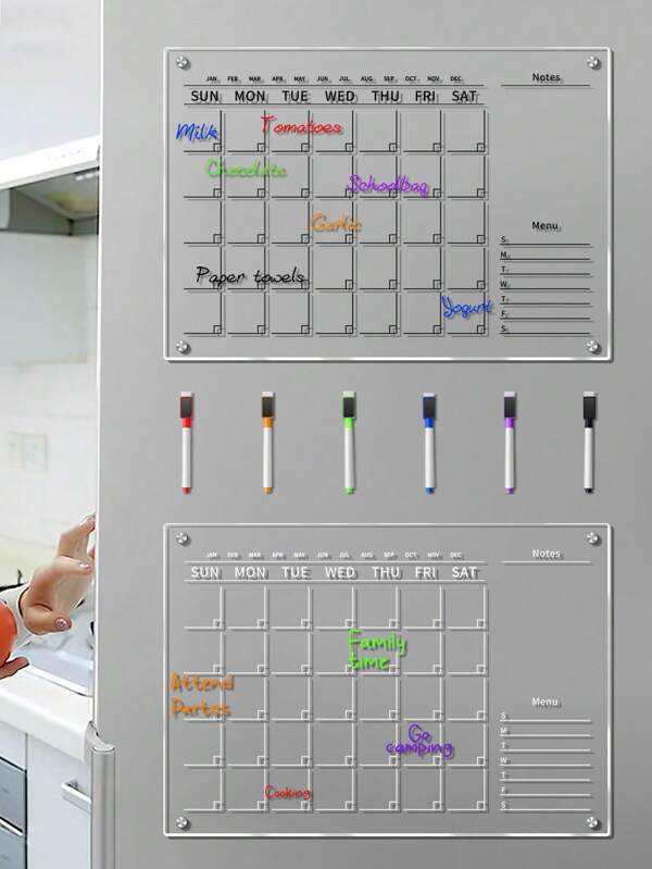 Quadro branco magnético para pendurar, 1 peça, com 6 canetas magnéticas, quadro de planejamento transparente acrílico de 0,2 mm de espessura, quadro de anotações para reuniões, quadro de lista de tarefas, quadro de cardápio de cozinha apagável, material escolar, volta às aulas