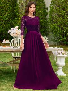 MIUSOL 花卉蕾絲上身絲帶腰百褶舞會連衣裙