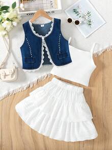 Conjunto de 3 peças: colete jeans com acabamento floral, camisola de malha e saia com babados em camadas para meninas, roupa casual e moderna de primavera/verão - Branco - Ver 1