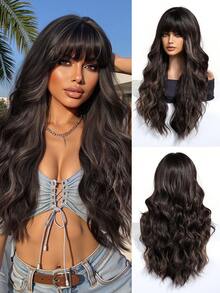 渐变棕色合成假发，带刘海，长款自然卷发，适合女士日常派对、角色扮演、圣诞假发，适合女孩