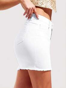 Skinny Fitted Frayed Hem Denim Mini Skirt, Sexy & Bodycon-Valentine's Day - White - View 5