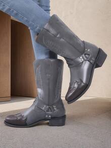 Elegante señoras retro PU grueso fondo botas a media pantorrilla, estilo universitario antideslizante resistente al desgaste botas de las mujeres casuales, de moda y versátil partido botas de las mujeres occidentales, adecuado para todos los días, de fiesta, tenis, béisbol, deportes, ropa de viaje - Gris Oscuro - Ver 7