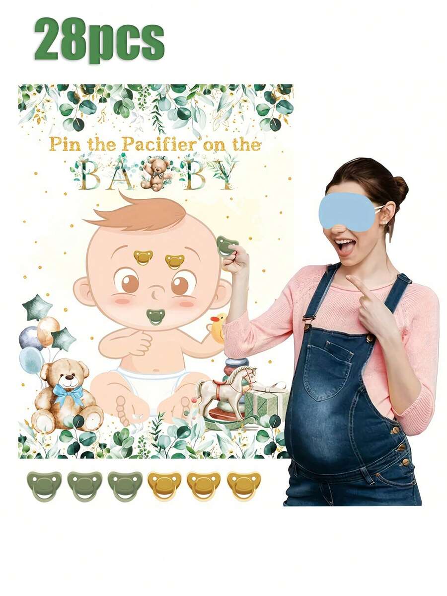 28 chiếc-Ghim núm vú giả vào trò chơi tiệc cho bé Sage Green Đồ trang trí tiệc mừng em bé Ghim núm vú giả vào trò chơi tiệc mừng em bé với áp phích 24 miếng dán Trò chơi bịt mắt cho tiệc mừng em bé Sage Green Đồ dùng tiệc mừng em bé, Trò chơi tiệc mừng em bé - Nhiều màu - Xem 1