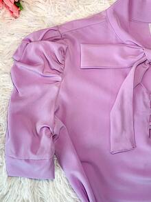 Women's Short Sleeve Puffed Blouse With Bow No. 8 - Mauve Purple - View 3