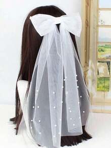 1pc White Bride, Faux Pearl Mesh, Simple Style Wedding Registration, Short Party, Faux Pearl Hairclip, Wedding Dress Accessory, Simple Design Hair Clip Valentine's Day Valentines B5NF - trắng - Xem 4