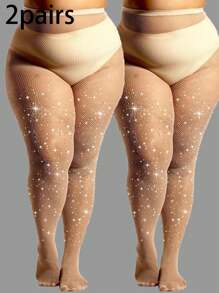 2pcs Women Plus Size Sparkling Rhinestone Nude & Black Fishnet High Elasticity Tight Pants, Clubwear Goth Stockings Versatile For All Seasons