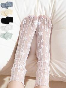 袜子女夏季薄款碎花黑白蕾丝洛丽塔可爱丝袜女内衣中筒袜女 - 常規款 - 查看 1