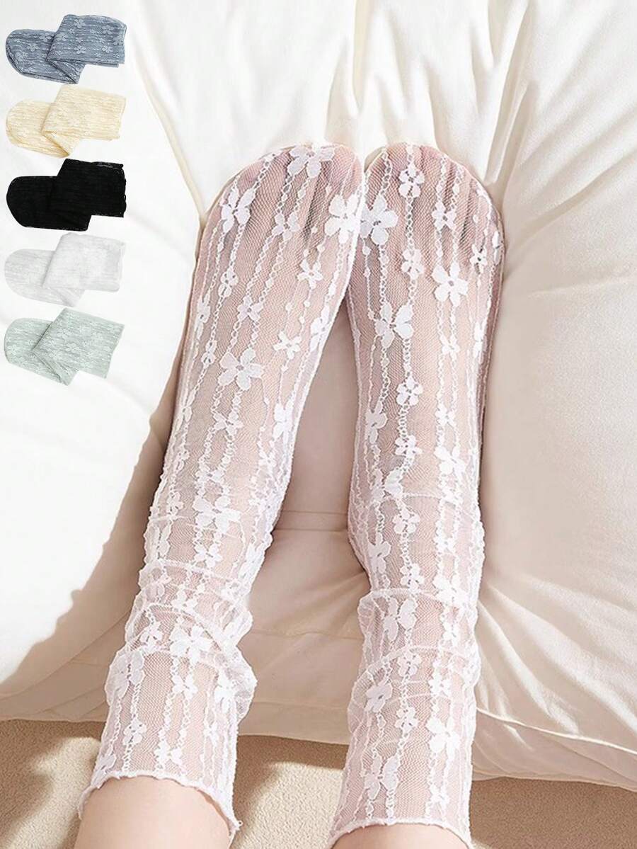 袜子女夏季薄款碎花黑白蕾丝洛丽塔可爱丝袜女内衣中筒袜女 - 常規款 - 查看 1