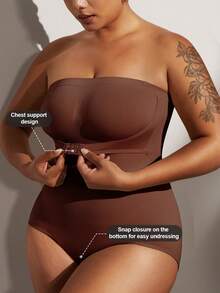 1pc Women Plus Size Shapewear, Seamless Strapless Backless Bodyshaper With Removable Straps, Black, Summer - Brown - View 6
