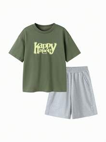 Balabala Children's Short Sleeve Set 2025 New Boys' Summer Two Pieces Set Quick-Dry Lightweight Casual - Green Gray Tone - View 1
