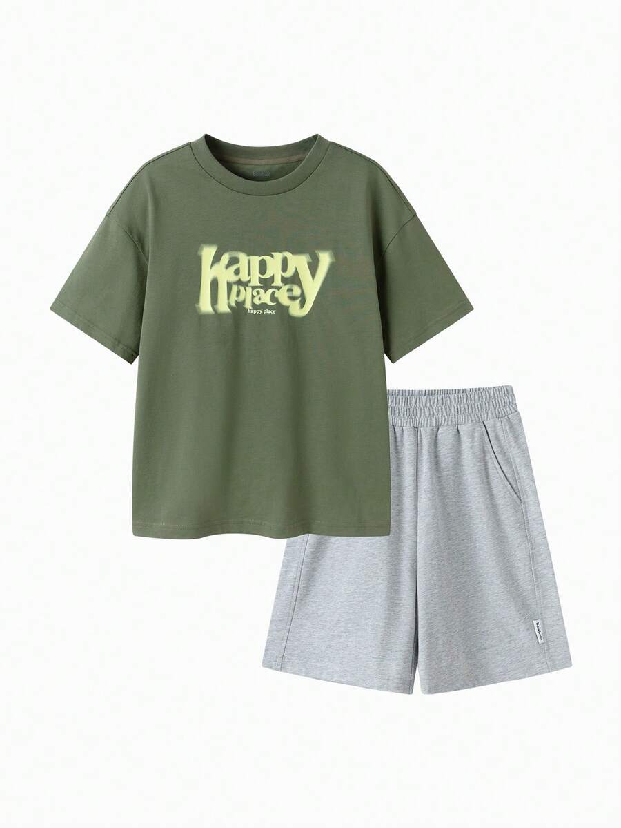 Balabala Children's Short Sleeve Set 2025 New Boys' Summer Two Pieces Set Quick-Dry Lightweight Casual - Green Gray Tone - View 1