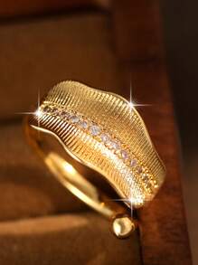 1 Peça Anel Feminino Elegante com Folha de Zircônia Cúbica Dourada, Formato Irregular, Presente de Aniversário, Encontro, Uso Diário, Feriado, Viagem, Joia de Anel