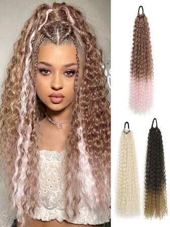 24英寸棕色多色Behufun卷曲马尾辫高温丝合成假发，轻盈蓬松假马尾辫接发，带发圈，水波纹马尾辫假发，长款环绕式柔软合成假发，适合圣诞节、新年、嘉年华、音乐节等场合。