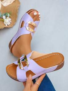 Plus Size Women's 36-45 Fashionable Light Purple Metal Buckle Peep Toe Platform Wedge Sandals, Comfortable, Slip-On, Suitable For Daily Wear, Beach, Vacation - Mauve Purple - View 3