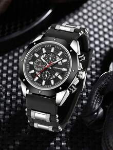 1 件硅胶表带男士手表商务时尚多功能石英表适合日常服装搭配或节日礼物 - 均碼 - 查看 9