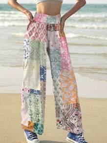  Fashionable! 2025 Spring/Summer Women's Bohemian Floral Loose Pants - Ditsy Print Patchwork High-Waisted Elasticated Stretchy Nylon Wide-Legged Palace Beach Yoga Comfortable Pants