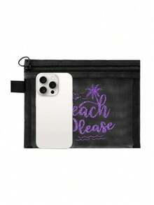Transparent Mesh Makeup Bag With Beach Letters Pattern, Portable Storage Bag, Makeup Bag, Skincare Bag, Jewelry Organizer,Lip Oil Organizer,Nail Polish Organizer Makeup Bag Storage Makeup Organizer Makeup Case,Travel Essentials, Cruise Essentials Dorm Essentials,Home Decor,Bathroom Livingroom Bedroom Decor,Bathroom Organizer,Wedding Bridesmaid Gifts,Mom Gifts,Birthday Gifts,Gifts For Friends And Teachers,Vacation Gift - Black - View 9
