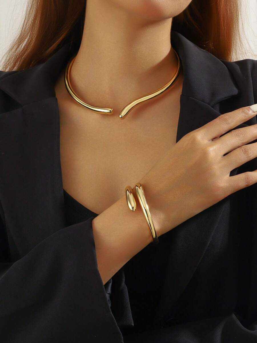 2pcs/Set Spring Open-Ended Collar And Bracelet Set, Shiny Gold Minimalist Fashion Jewelry - Necklace Set - View 1