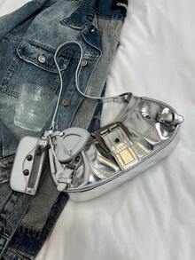 1pc Women's Retro Mira Rock Punk Rivets Decor Adjustable Strap Large Capacity Soft Faux Oil Wax Gradient Color Leather One Shoulder Underarm Baguette Bag, Suitable For Work Commute, Dating, Party - Silver - View 5