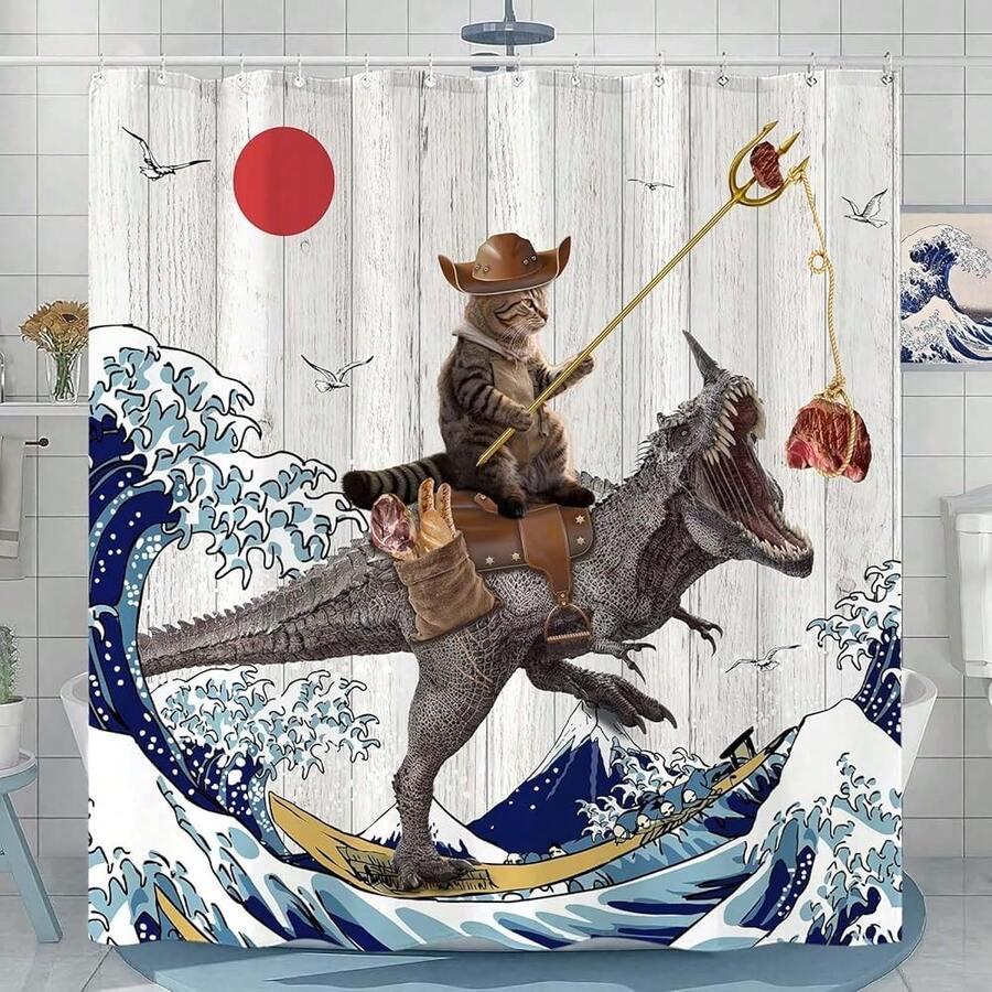 New Fowocu 78 Inch Long Funny Cat Dinosaur Shower Curtain Fun Cool Cat Ane Ocean Wave Waterproof Fabric Shower Curtains For Bathroom Kids Rustic Wood Farmhouse Bath Curtain Dr (72''*78'') - 棕色 72 英寸寬 x 78 英寸長(1 包) - 查看 1