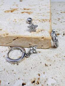 3 件不锈钢耳垂耳环，14K 镀金闪亮 CZ 耳环套装，白色锆石花朵风格耳钉，适合女士女孩 - 銀色 - 查看 11