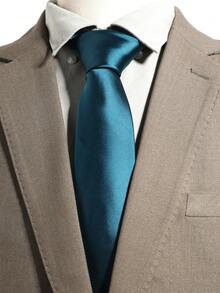 1pc Versatile Minimalist Teal Solid Woven Tie - Teal Blue - View 6