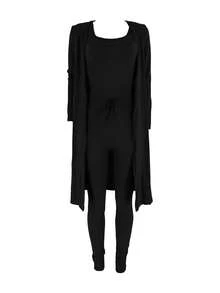 Casual Ribbed 3-Piece Set, Crop Top+High Waisted Drawstring Pants+Long Cardigan, Women's Clothing - 黑與白 - 查看 5