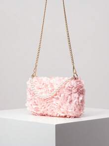 Elegant 3D Flower Handbag, Pearl Bag, Metal Chain Shoulder Bag, Prom Accessories, Prom Bag, Prom Dresses For Women, Elegant Bag For Women (Pattern Random) - Pink - View 6