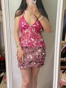 Women Y2k Sequin Halter Cami Tops Summer Deep V Neck Spaghtti Strap Backless Sexy Crop Tank Tops Sheer Mesh Patchwork Slim Fit Shirt Fairy Grunge Going Out Tops E-Girls Vintage Aesthetic Clothes Clubwear - 玫紅色 - 查看 7