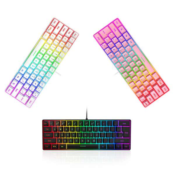 HXSJ 1pc 61-Key RGB Backlit Mini Compact Wired Membrane Keyboard, 60% Small Size Portable Gaming Keyboard, Designed For Gamers & Typists, Wired Use Only
