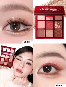 COLORKEY 9-Color Limited Edition Eyeshadow Palette, Red, Shimmery Eyeshadow Palette, High Color Payoff, Eyeshadow, Brightens Eyes, Glitter, Finely Milled Pearlescent, Easy To Use, Smooth Blendable Eyeshadow, Makeup Brand Product, Suitable For Women And Girls, Ideal For Autumn/Winter, Can Create Latte, Y2K, 90s, Cool Girl Makeup Looks, Lip Makeup Pairing, Bridal Makeup, Valentine's Day Gift - 9-Shade Eyeshadow Palette - 查看 10