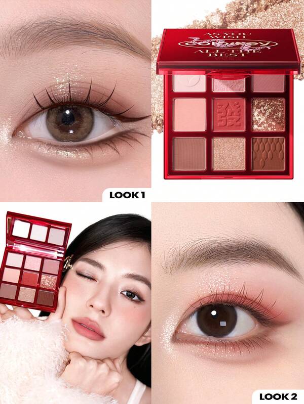 COLORKEY Palette d'ombres à paupières limitée à 9 couleurs de la Fortune, rouge, palette d'ombres à paupières brillantes, très pigmentée, ombre à paupières, illumination du regard, paillettes, nacré scintillant fin, ombre à paupières lisse et facile à estomper