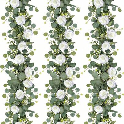 1/2pcs, 70inch/5.9ft Artificial Eucalyptus Wreath With Foam White Roses, Fake Rose Greenery Garland, Suitable For Easter, Mother's Day Decor, Room, Bedroom, Wedding, Party, Table Runner, Valance, Bathroom, Home Decor (White)