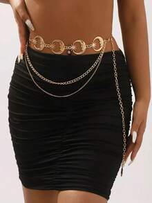 1 件女士金属腰链百搭月亮装饰腰带多层金属腰带连衣裙带装饰腰带秋季、秋季、万圣节 - 金色 - 查看 3