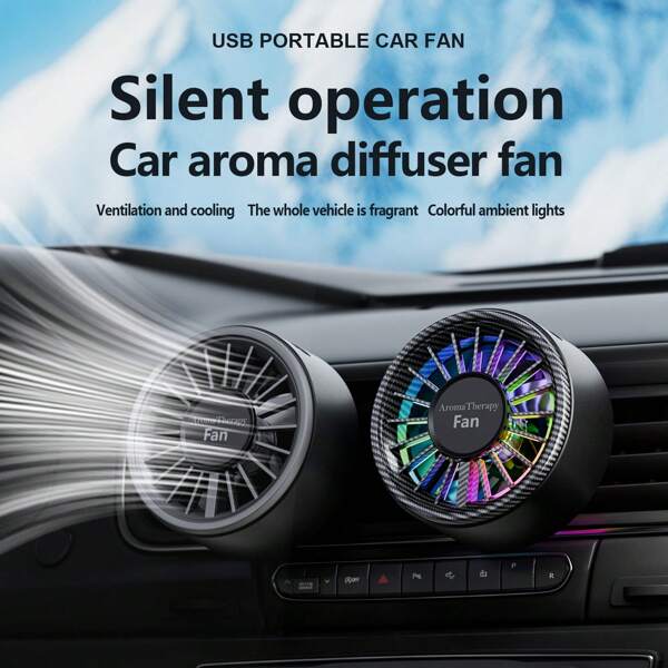 2025 New Compact Car Fan, 3-Speed Adjustable, Rapid Cooling, Built-In Aroma Diffuser, Colorful Ambient Lighting, Discreetly Installed, Space-Saving, Suitable For Various Car Models
